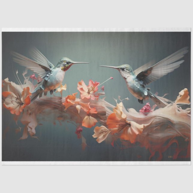 Dragonfly fluttering over peach flowers decoupage tissue paper (Front)