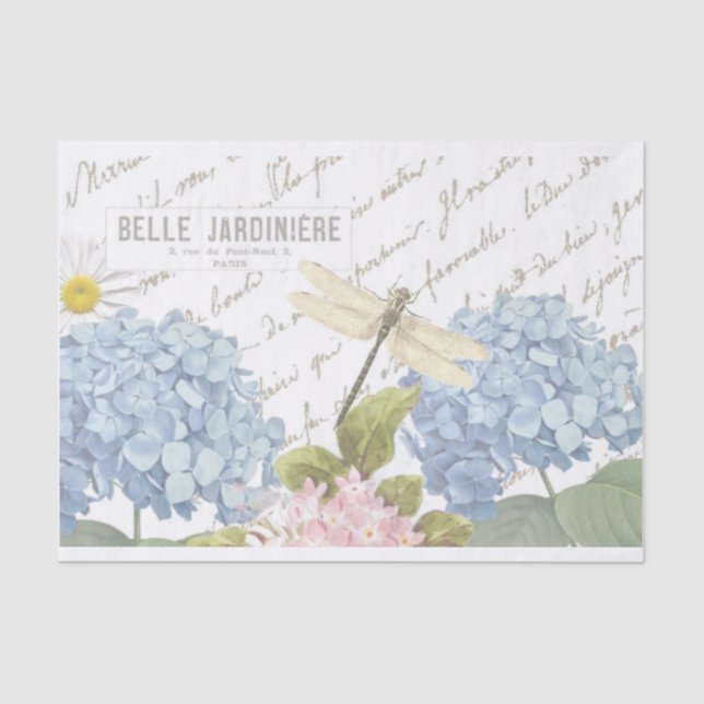 Dragonfly French Script Blue Pink Hydrangea Flower Tissue Paper (Front)