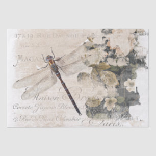 Dragonfly French Script Shabby Floral Decoupage Tissue Paper