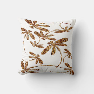 Dragonfly Frenzy Gold Throw Pillow