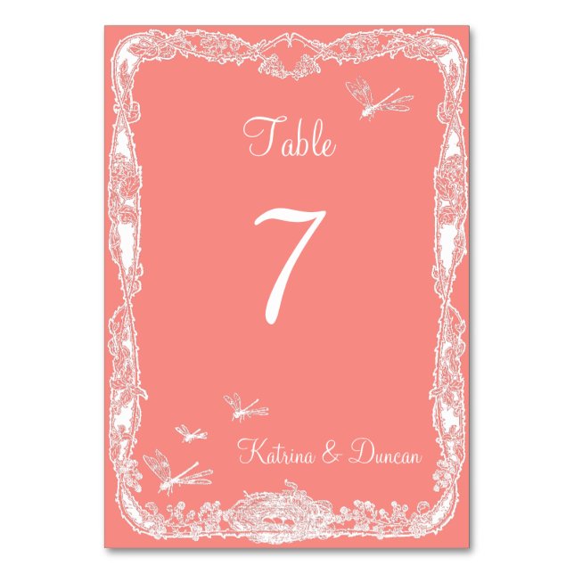 Dragonfly Garden Coral Personalised Table Card (Front)