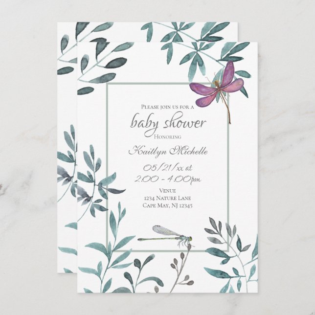 Dragonfly Garden Greenery on White Baby Shower Invitation (Front/Back)