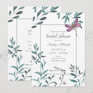 Dragonfly Garden Greenery on White Bridal Shower Invitation