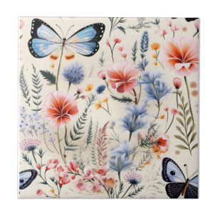 Dragonfly Garden Pink Blue Floral Flowers  Tile