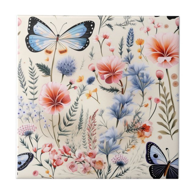 Dragonfly Garden Pink Blue Floral Flowers  Tile (Front)