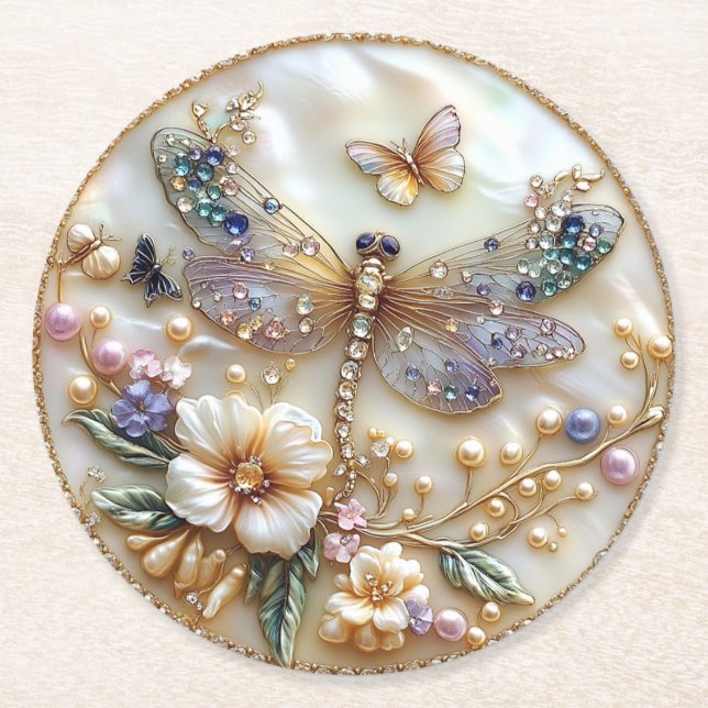 Dragonfly Gems Pearls Butterflies Flowers Round Paper Coaster (Front)