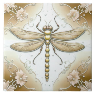 Dragonfly Gold and White Flower Art Tan Brown Tile