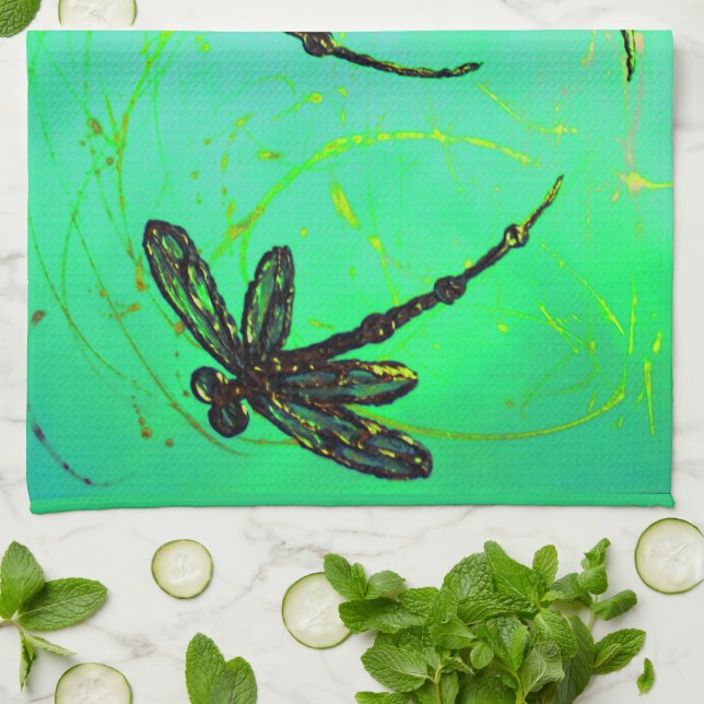 Dragonfly Gorgeous Green Turquoise Twist Door Mat Tea Towel (Folded)