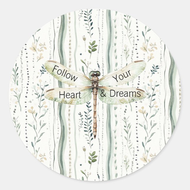 Dragonfly Green White Chic Floral Inspirational  Classic Round Sticker (Front)