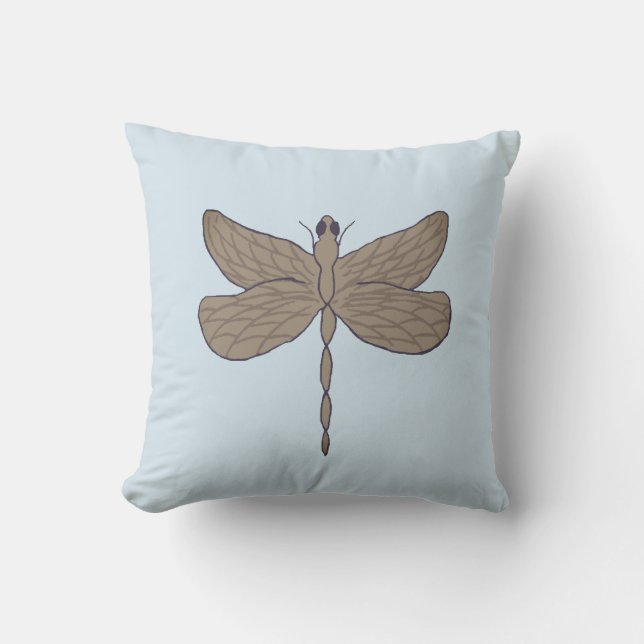 Dragonfly Illustration Blue and Tan Cushion (Front)