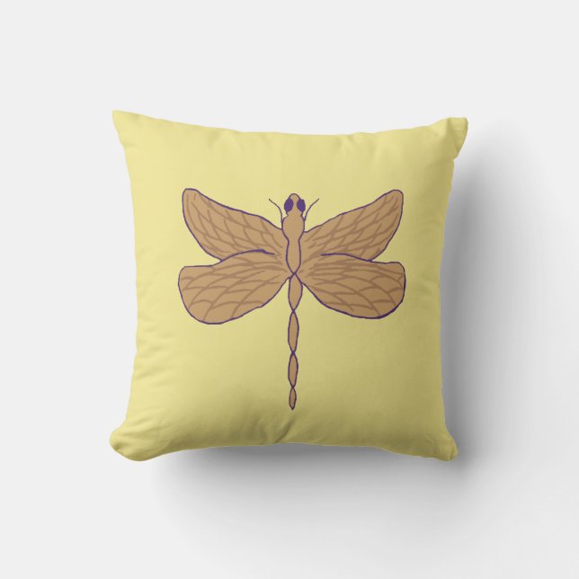 Dragonfly Illustration Yellow and Tan Cushion (Front)