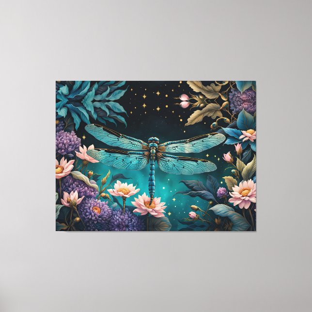 Dragonfly in a floral garden at night canvas print (Front)