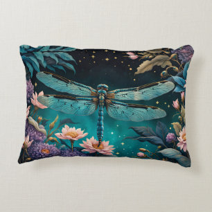 Dragonfly in a floral garden at night decorative cushion