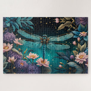 Dragonfly in a floral garden at night jigsaw puzzle