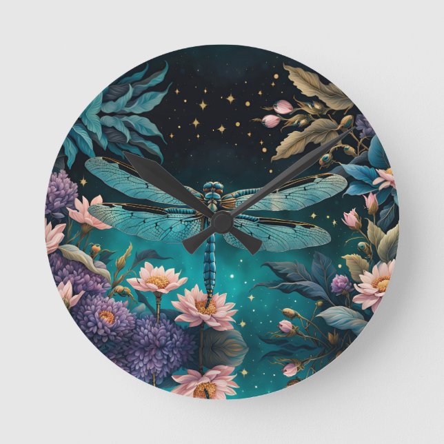 Dragonfly in a floral garden at night round clock (Front)