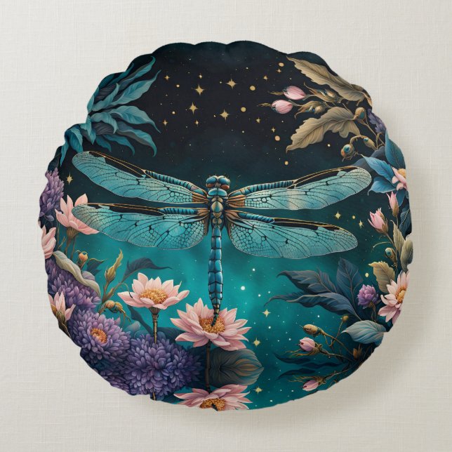 Dragonfly in a floral garden at night round cushion (Front)