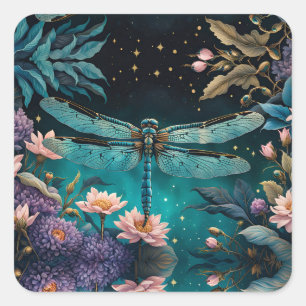 Dragonfly in a floral garden at night square sticker
