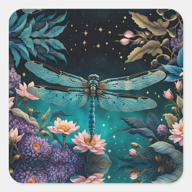 Dragonfly in a floral garden at night square sticker (Front)