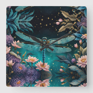 Dragonfly in a floral garden at night square wall clock