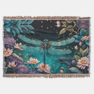 Dragonfly in a floral garden at night throw blanket