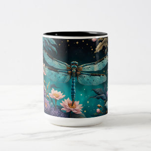Dragonfly in a floral garden at night Two-Tone coffee mug