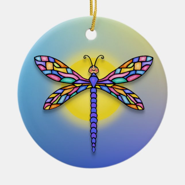Dragonfly - in blues (round) ceramic tree decoration (Front)