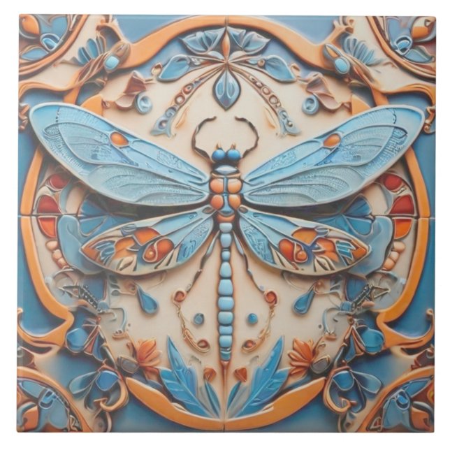 Dragonfly in Decorative Blue and Golden Yellow Tile (Front)