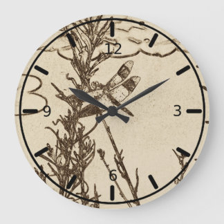 Dragonfly in Flight Near Pond Sketch Large Clock