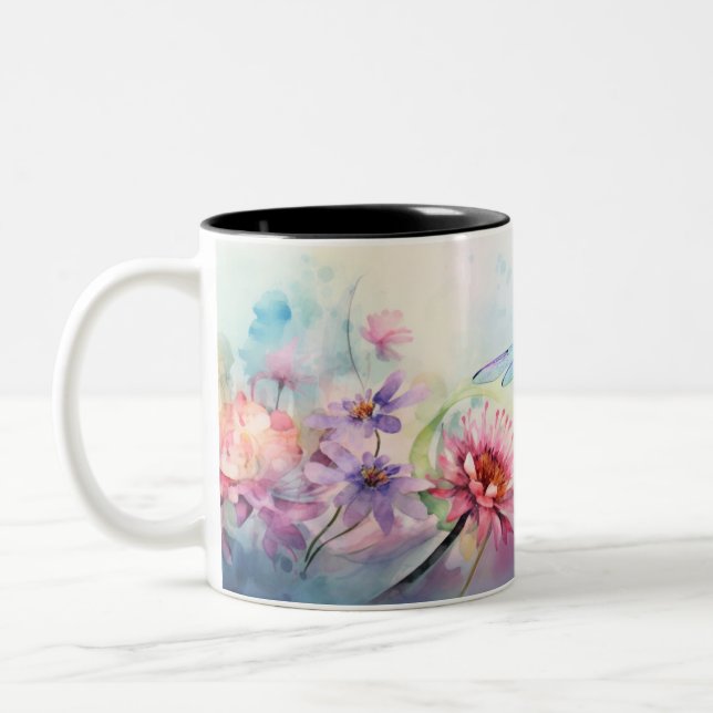 Dragonfly in Flowers Two-Tone Coffee Mug (Left)
