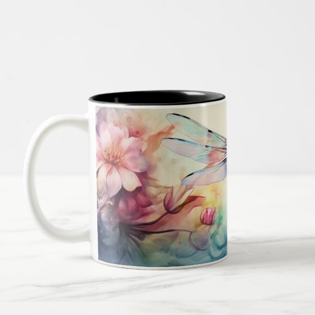 Dragonfly in Flowers Two-Tone Coffee Mug (Left)
