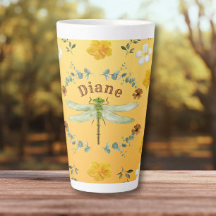 Dragonfly in Gold, Green, Yellow Flowers Latte Mug