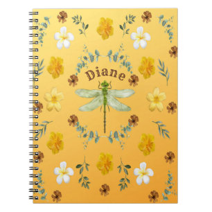 Dragonfly in Gold, Green, Yellow Flowers Notebook