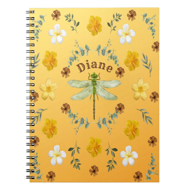 Dragonfly in Gold, Green, Yellow Flowers Notebook (Front)
