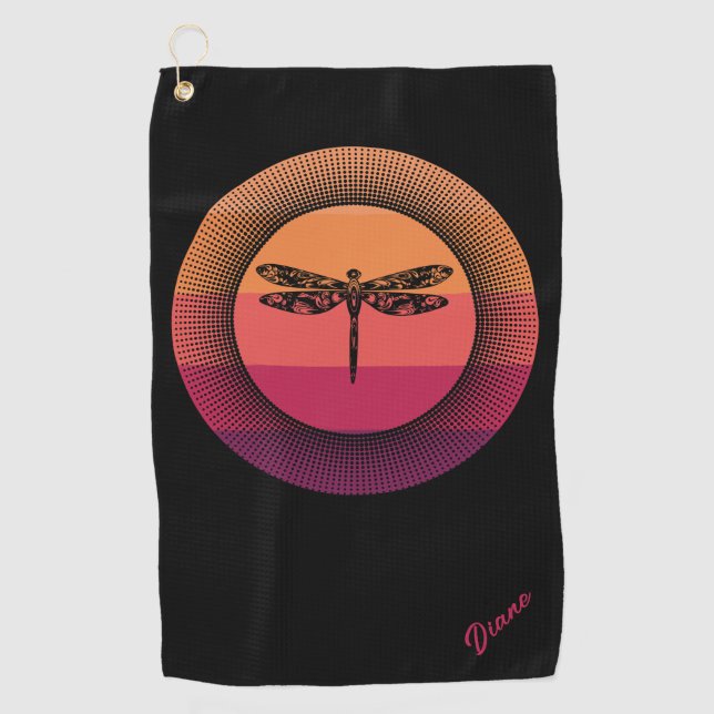 Dragonfly in Retro Sunset with Name Golf Towel (Front)