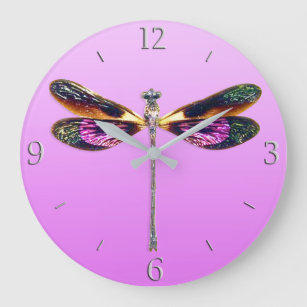 Dragonfly  in Silver, Gold, Purple and Black Large Clock