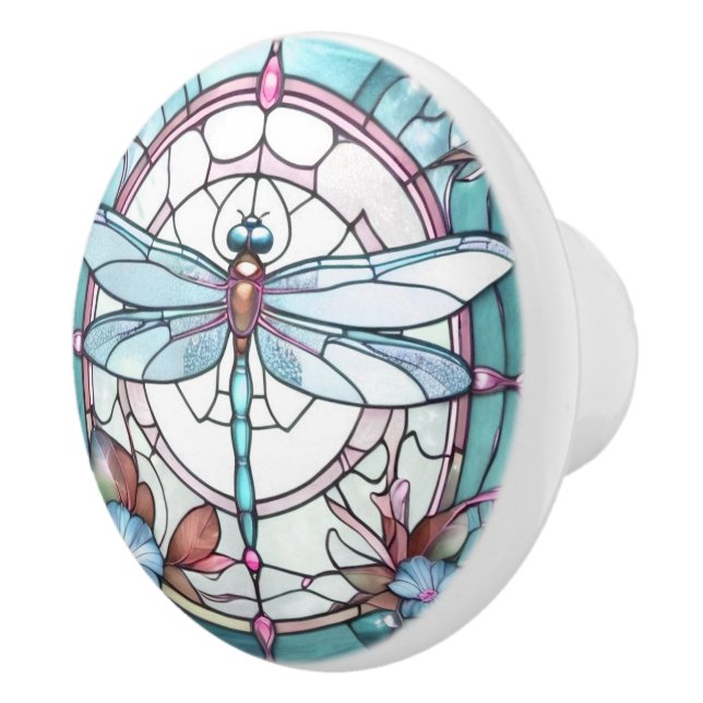 Dragonfly Light Blue and White Stained Glass Ceramic Knob (Right)