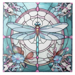 Dragonfly Light Blue and White Stained Glass Tile