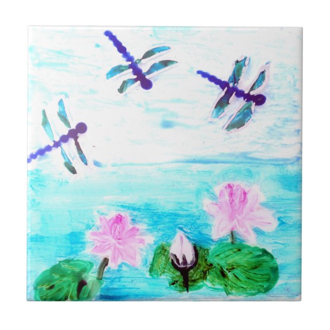 Dragonfly, Lily Flowers Pond Painting Tile (Front)