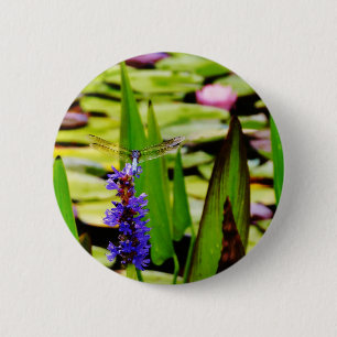 Dragonfly lotus and purple flower 6 cm round badge