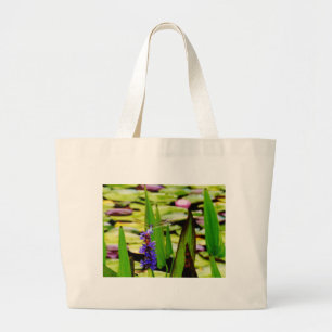 Dragonfly lotus and purple flower large tote bag
