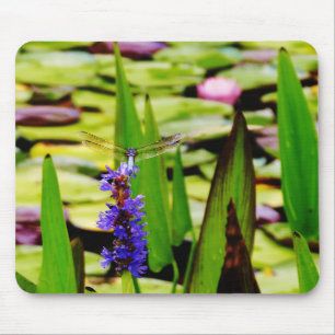Dragonfly lotus and purple flower mouse mat