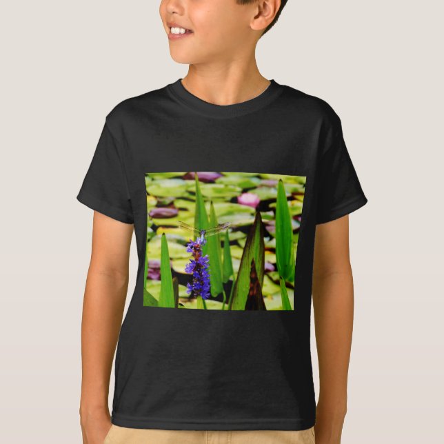 Dragonfly lotus and purple flower T-Shirt (Front)