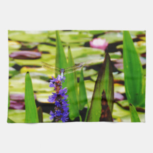 Dragonfly lotus and purple flower tea towel