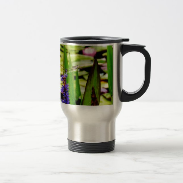 Dragonfly lotus and purple flower travel mug (Right)