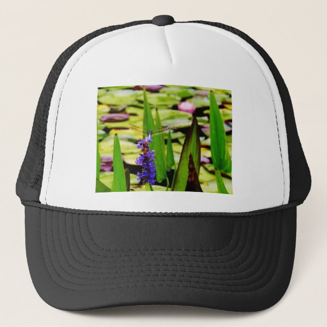 Dragonfly lotus and purple flower trucker hat (Front)