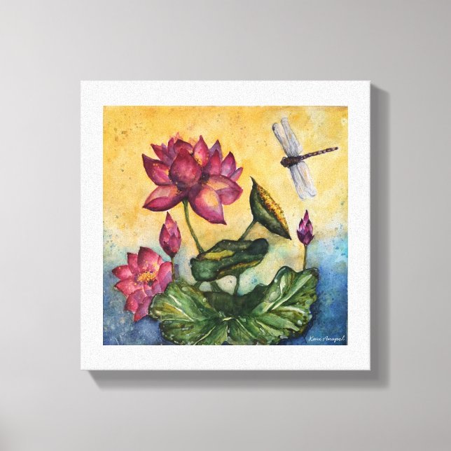 Dragonfly Lotus Watercolor Print Wrapped Canvas (Front)