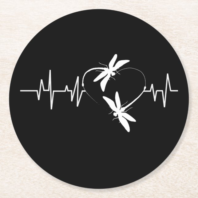 Dragonfly Lover Gift| Funny Dragonfly Heartbeat Round Paper Coaster (Front)