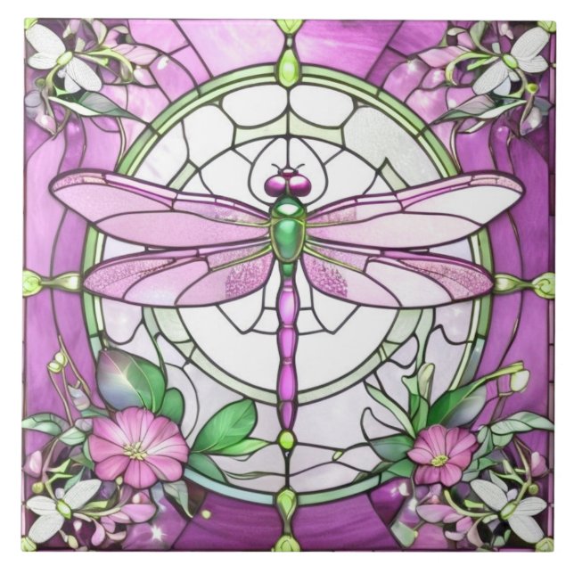 Dragonfly Magenta Pink and White Stained Glass Tile (Front)