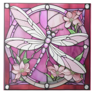 Dragonfly Magenta Pink and White Stained Glass Tile