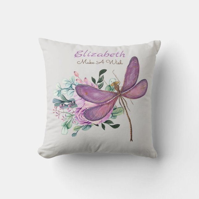 Dragonfly Make A Wish Purple NAMED New Baby Gift Cushion (Front)